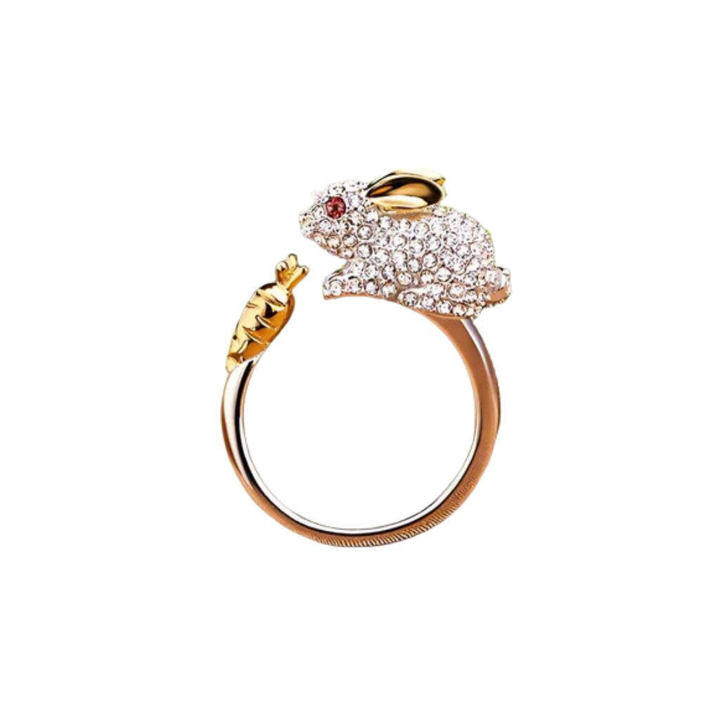 Wood - Adjustable silver ring with bunnies & carrot | Gold