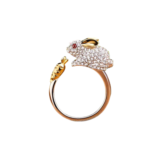 Wood - Adjustable silver ring with bunnies & carrot | Gold