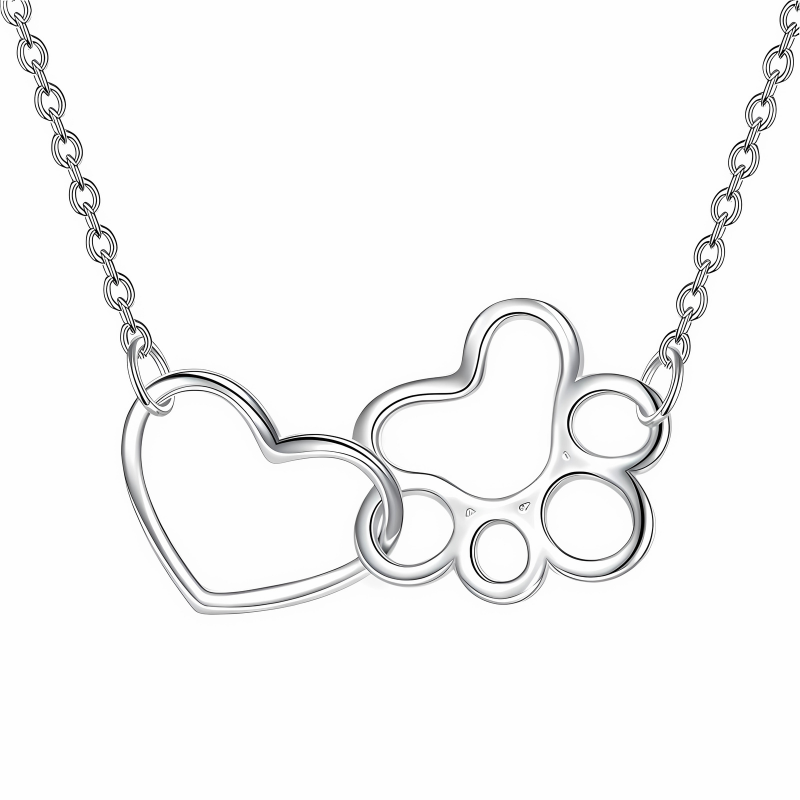 Siarah - Silver paw necklace with heart-shaped crystal pendant