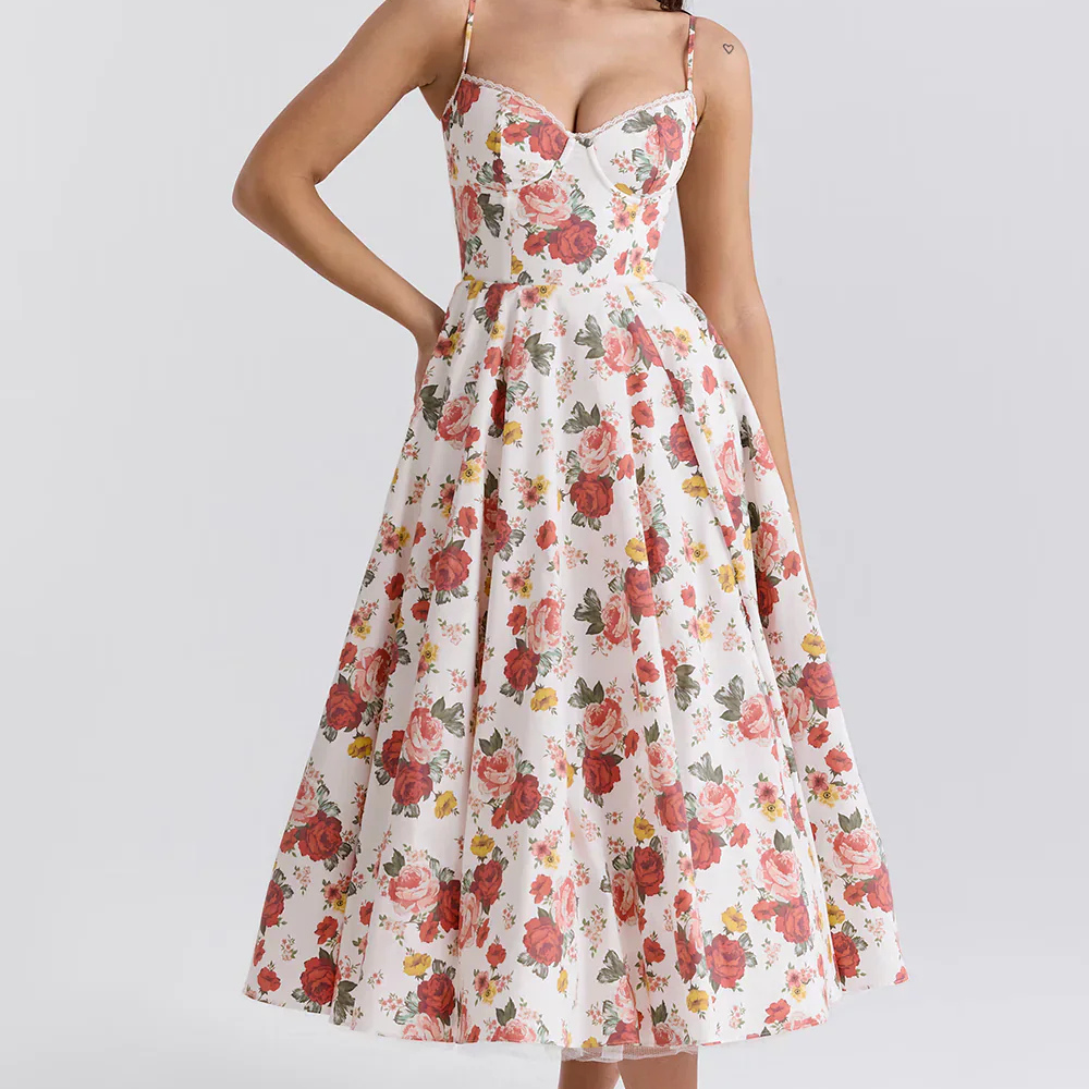 Norene – Feminines Blumen-Midikleid für Damen, Ideal als Kleid Hochzeitsgast oder für Festliche Anlässe, Figurschmeichelnd mit Korsett-Oberteil-1