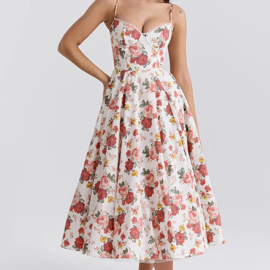 Norene – Feminines Blumen-Midikleid für Damen, Ideal als Kleid Hochzeitsgast oder für Festliche Anlässe, Figurschmeichelnd mit Korsett-Oberteil-1