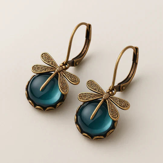 Aimee - Spherical dragonfly earrings in antique gold