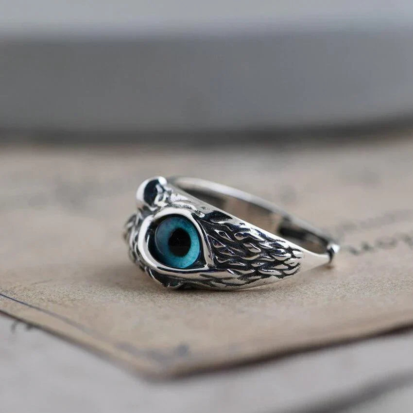 Silver owl ring with opal - owl of happiness - Rowan