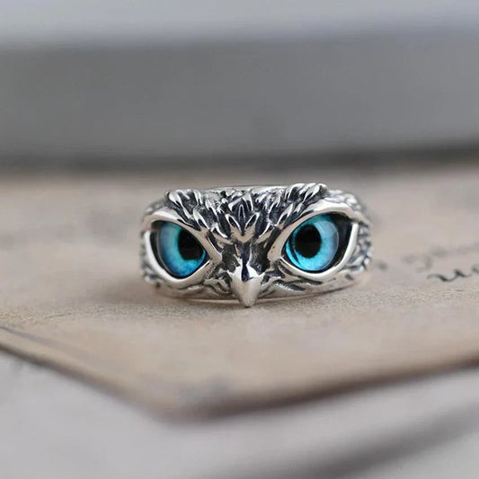 Silver owl ring with opal - owl of happiness - Rowan