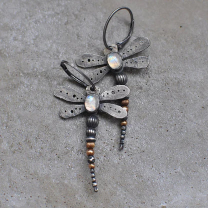 Salma - Vintage dragonfly earrings with moonstone | Silver