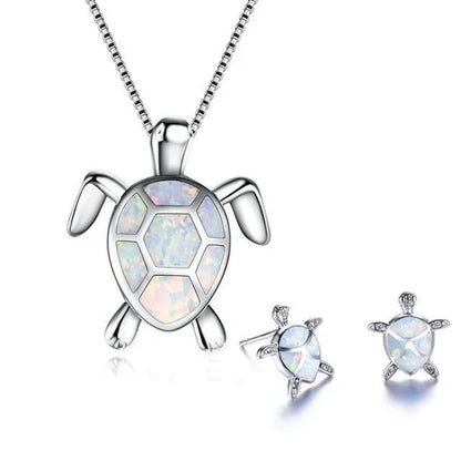 Ostell - Set made of necklace & earrings with sea turtle in silver & opal