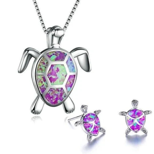 Ostell - Set made of necklace & earrings with sea turtle in silver & opal