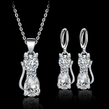 Set Necklace + Earrings Happy Cats in Sterling Silver and Polished White Zirconium 1